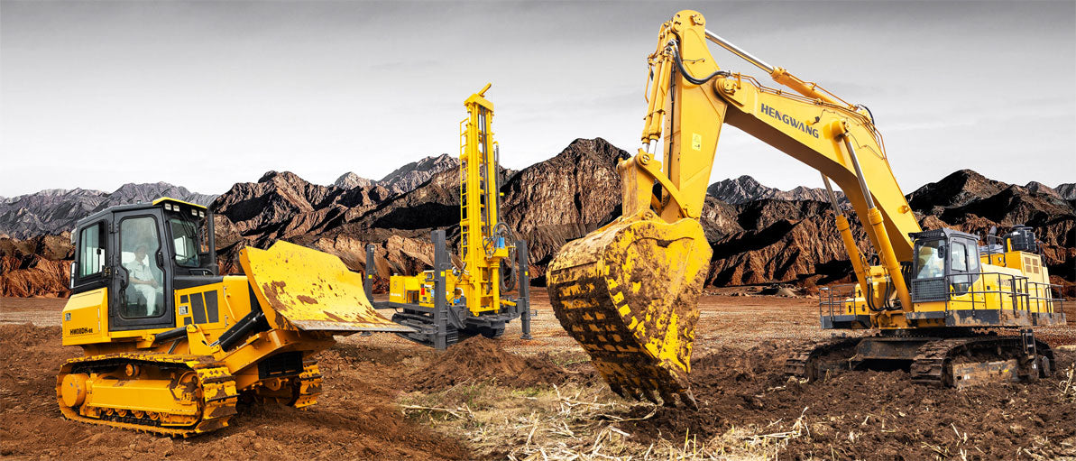 Hengwang full range yellow construction machinery lineup, large crawler excavator, track bulldozer and drilling rig working at mountain mining construction site