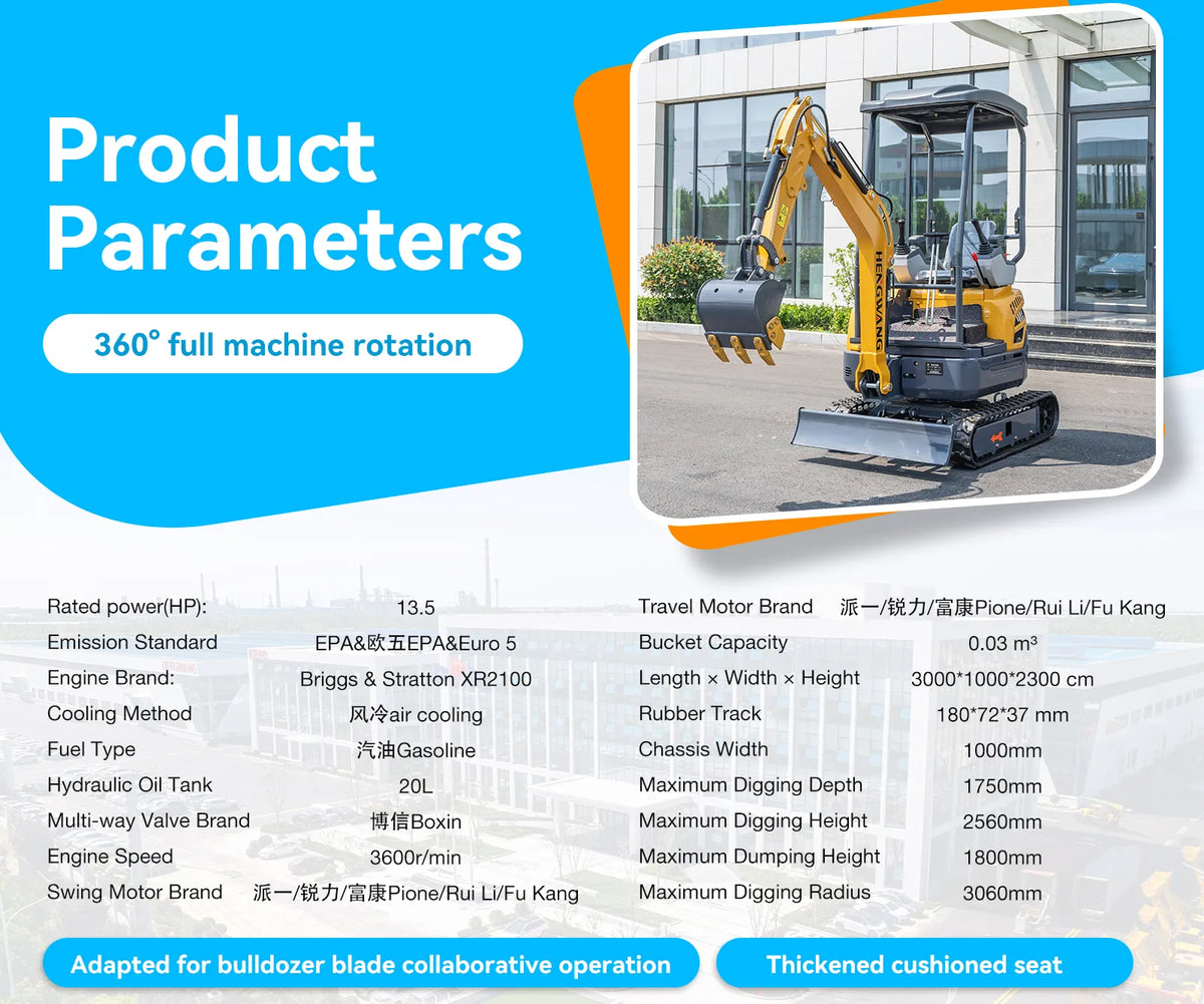 13.5 HP compact mini excavator with dozer blade, 360° rotation and 0.03 m³ bucket