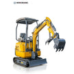 Front-right view of Hengwang HW-13W 1.3 ton compact mini excavator with canopy, bucket, and mechanical thumb attachment
