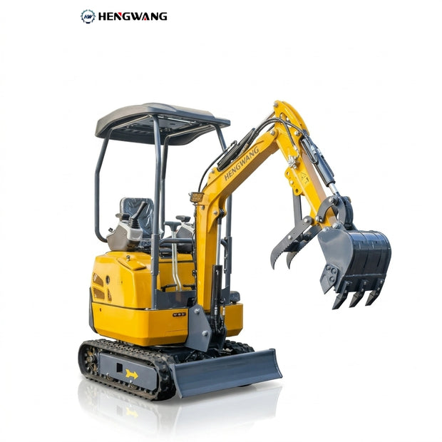 Front-right view of Hengwang HW-13W 1.3 ton compact mini excavator with canopy, bucket, and mechanical thumb attachment