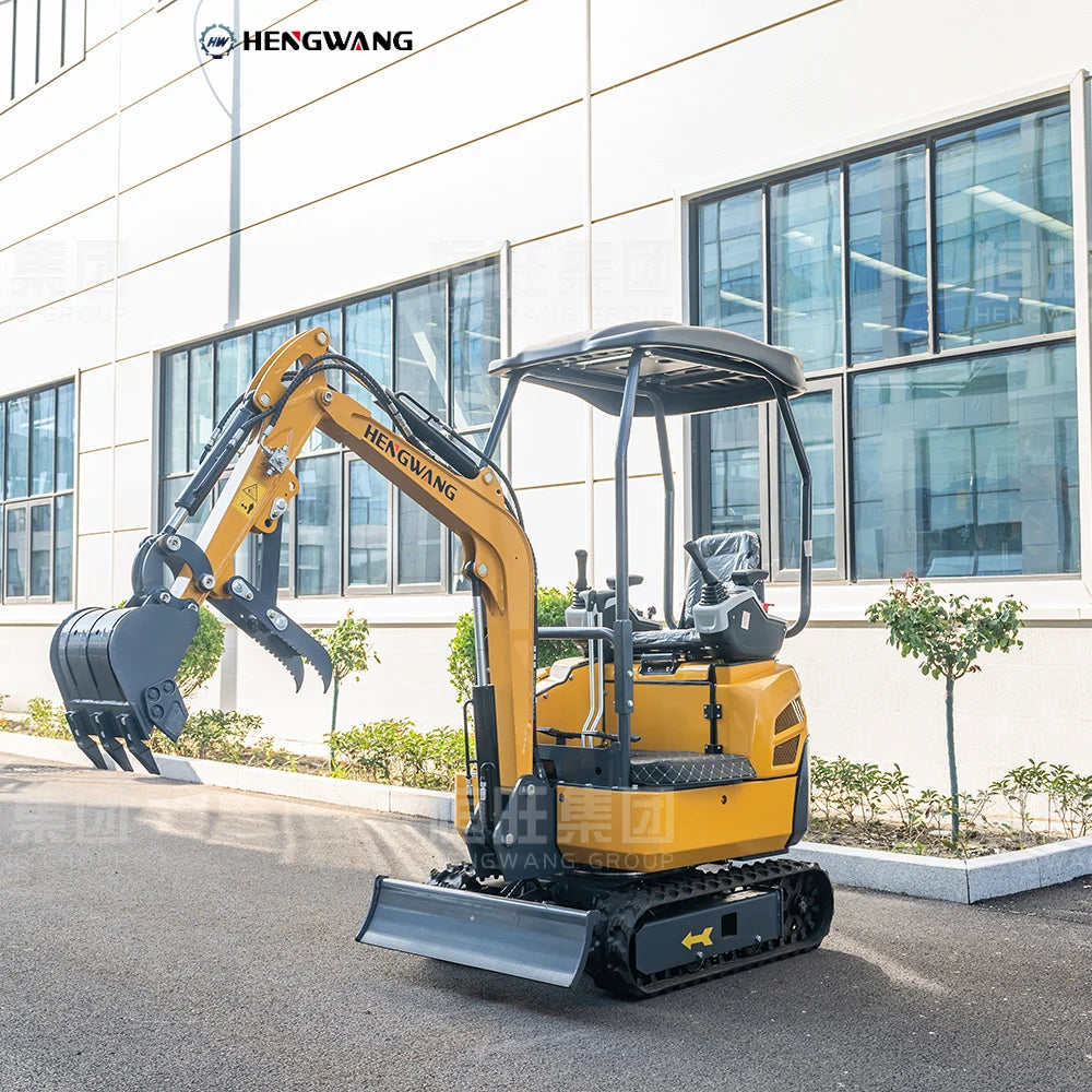 Front-left view of Hengwang HW-13W 1.3 ton compact mini excavator with dozer blade and thumb clip