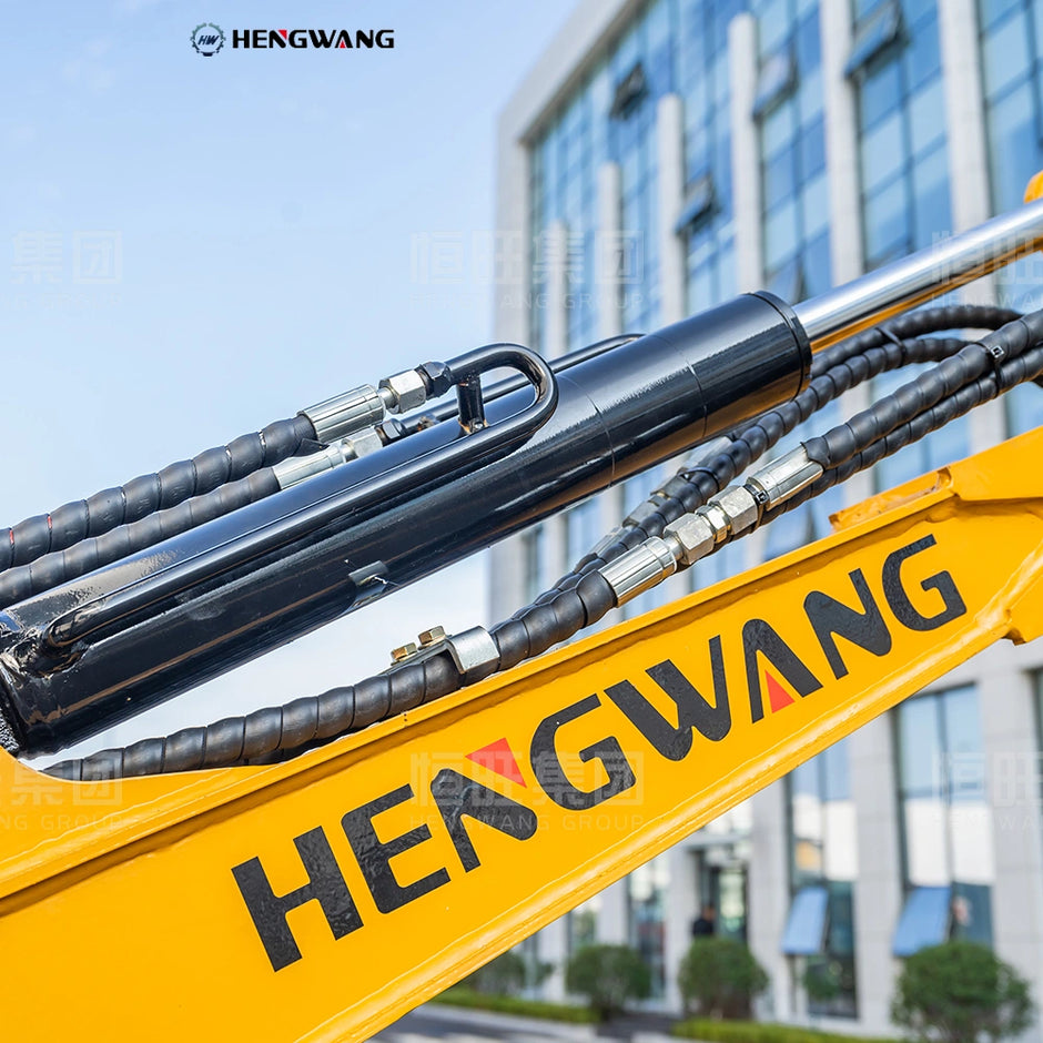 Close-up of hydraulic arm cylinder on Hengwang HW-13W 1.3 ton mini excavator