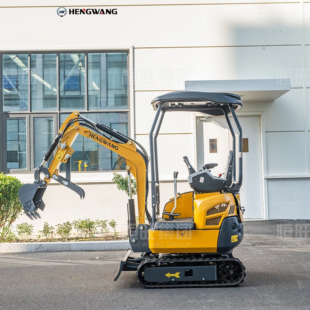 Left side profile view of Hengwang HW-13W 1.3 ton compact mini excavator with canopy and thumb attachment