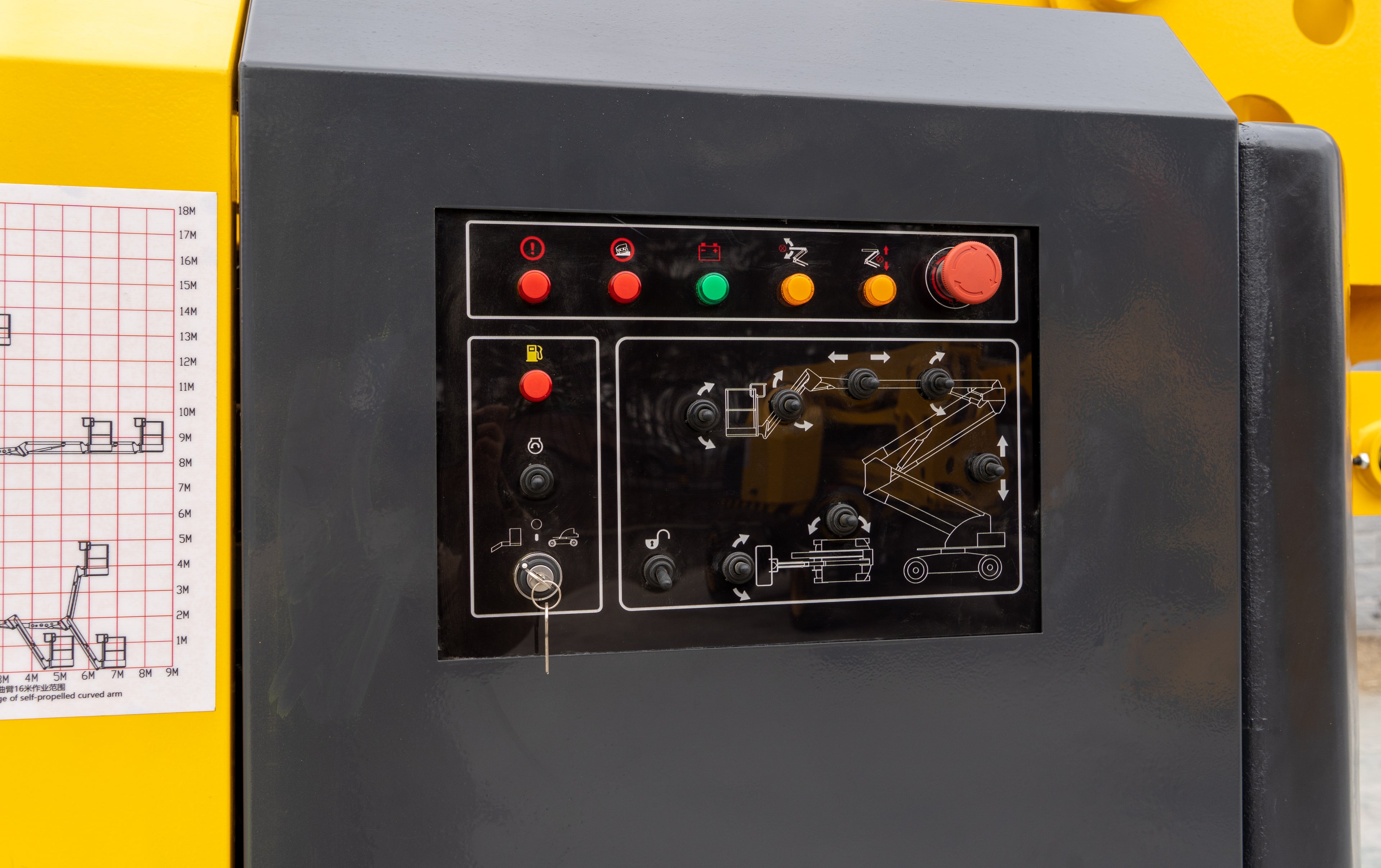 16-meter self-propelled articulated boom lift platform.