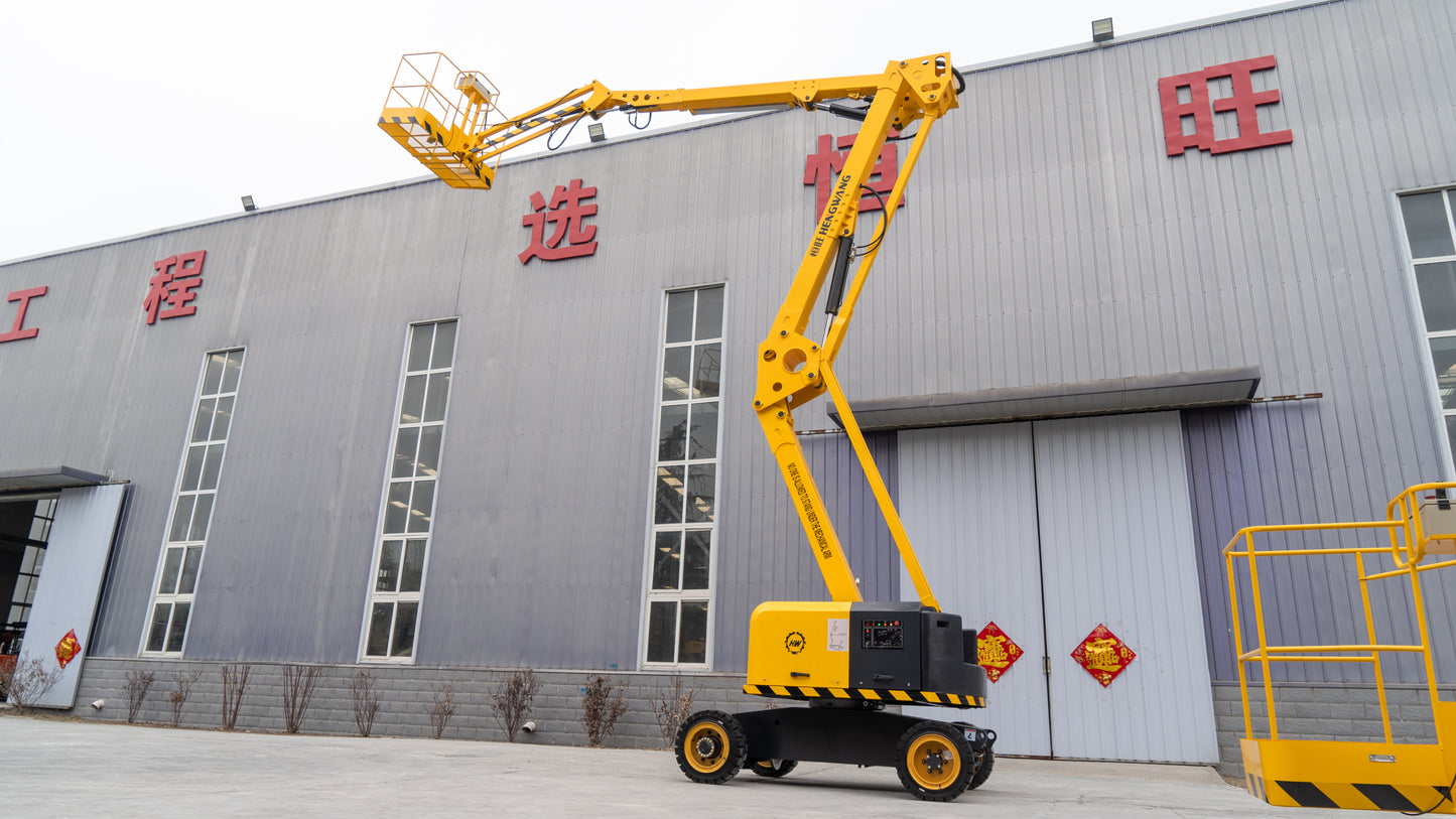 16-meter self-propelled articulated boom lift platform.