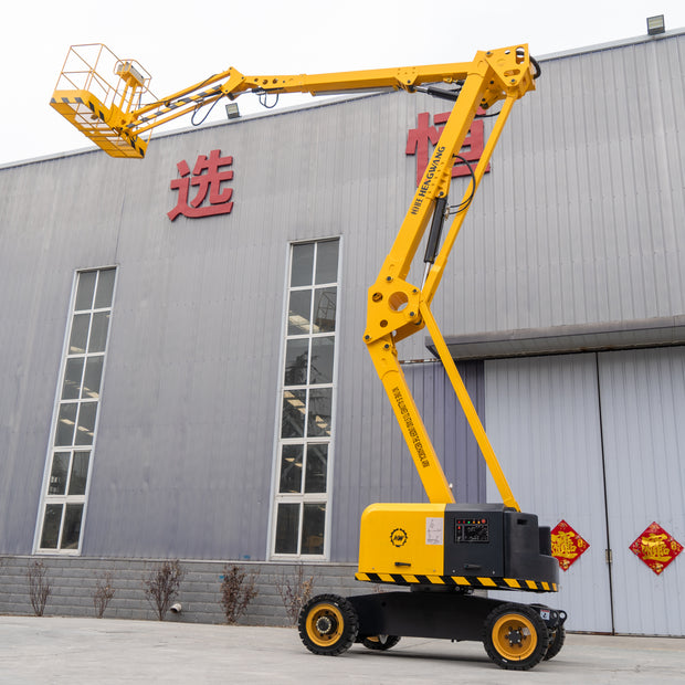 16-meter self-propelled articulated boom lift platform.