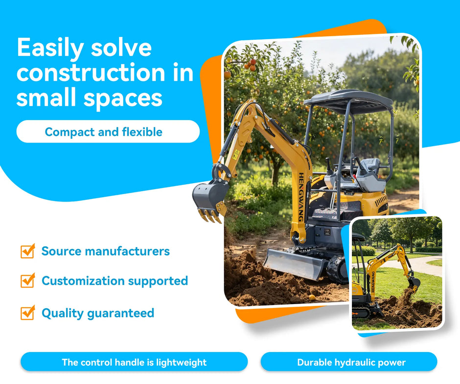 3,500 lb compact mini excavator digging in tight spaces with dozer blade
