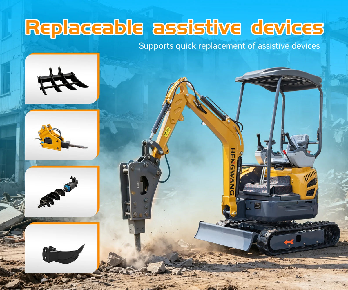 3,500 lb mini excavator with interchangeable attachments including hydraulic breaker and auger
