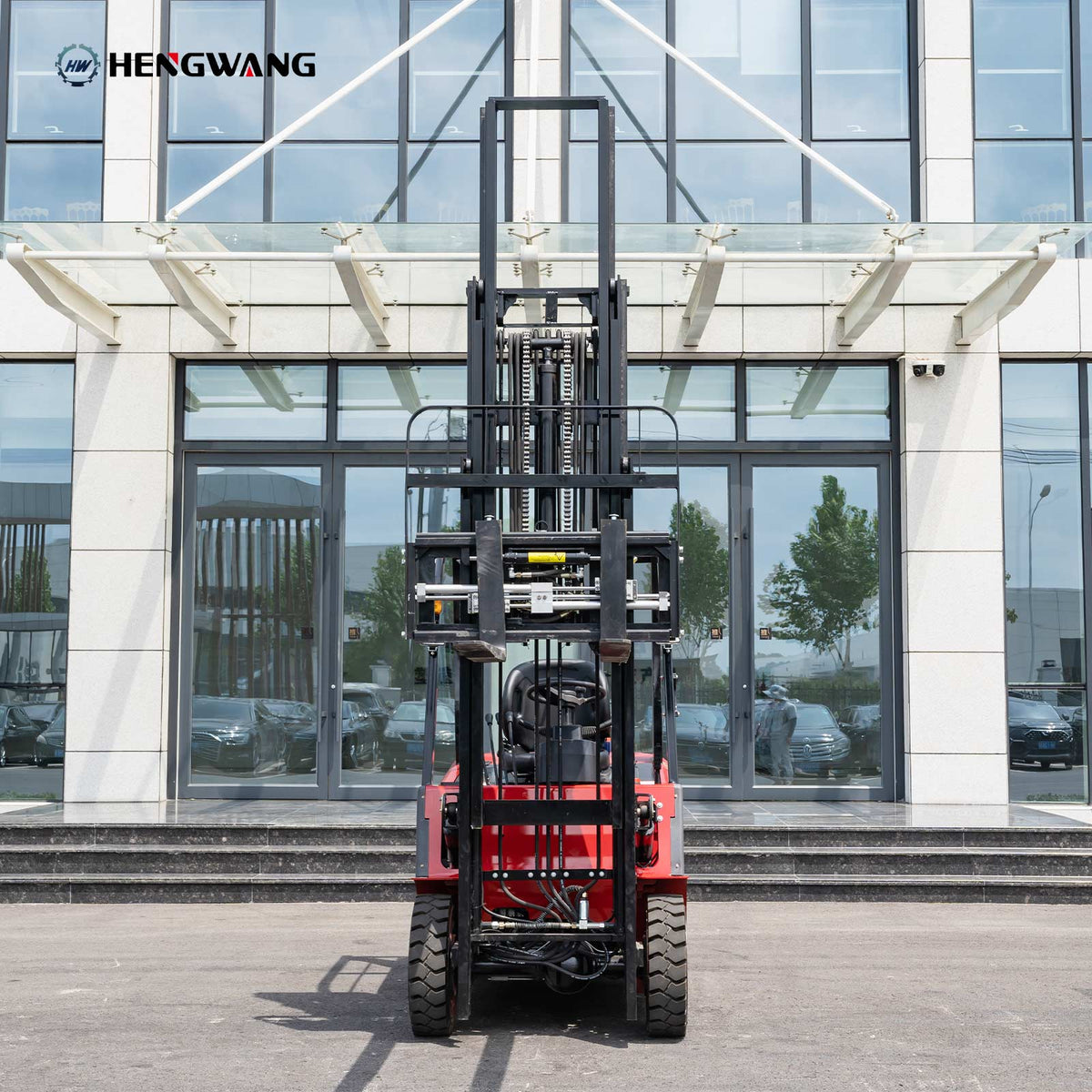 4400 lb electric forklift front view with lifting mast and forks