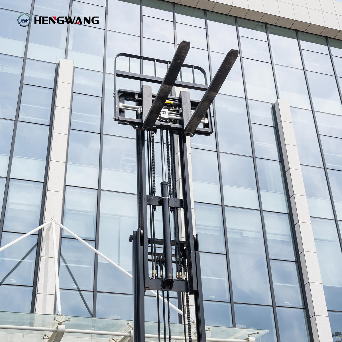 4400 lb electric forklift with raised forks and high lift mast