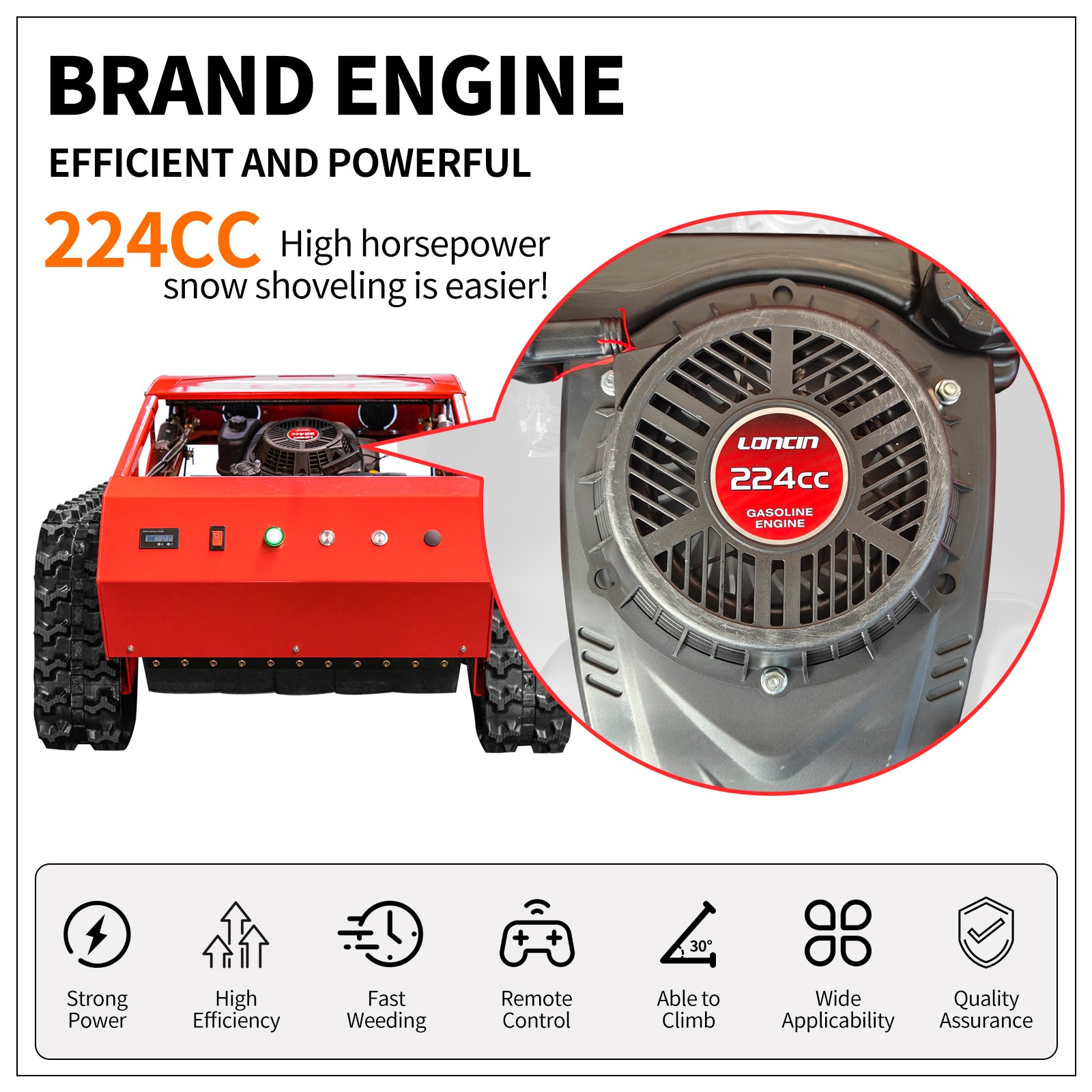 Remote Control Crawler Lawn Mower 224cc 45° All Terrain Gas Snow Plow