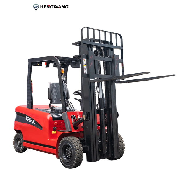 6,500 lb 60V battery electric forklift, red four-wheel counterbalance forklift with three-stage mast, 48-inch pallet forks, overhead guard, and deep-tread rubber tires — studio product shot on white background for warehouse and indoor material handling.