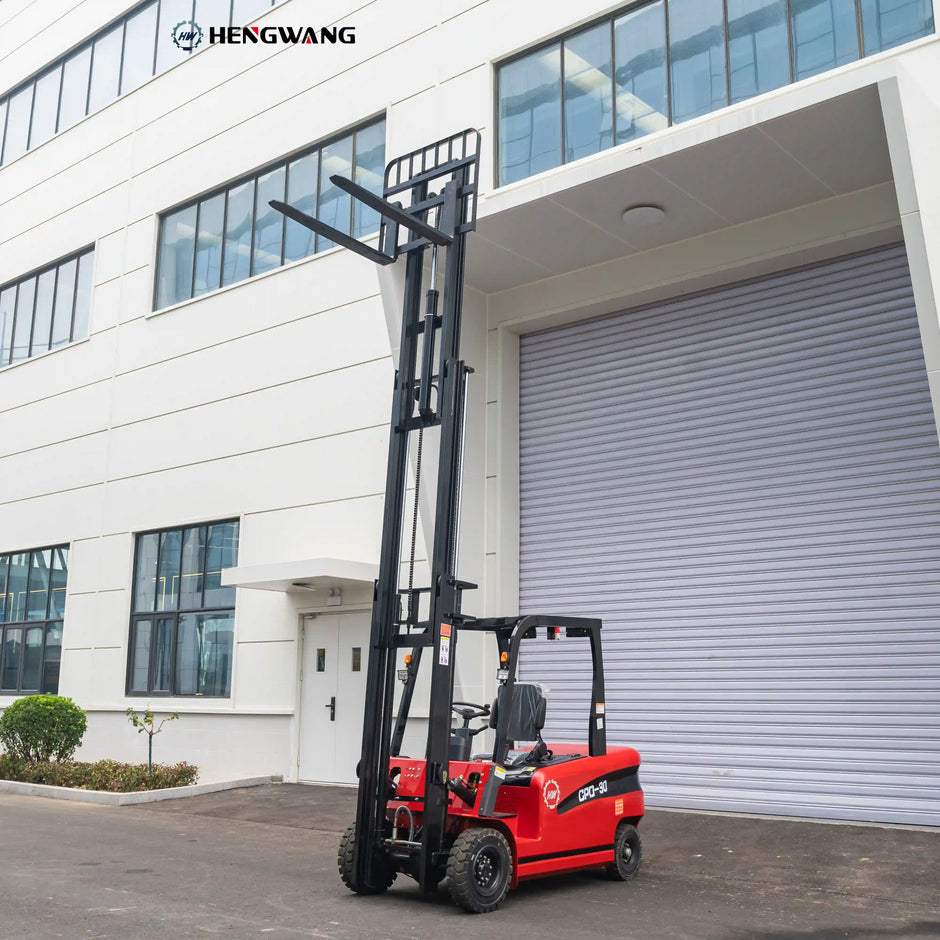Left-front low-angle view of a 6,500 lb 60V electric forklift with optional three-stage mast raised to maximum lift height, demonstrating high-bay racking and elevated warehouse storage material handling.