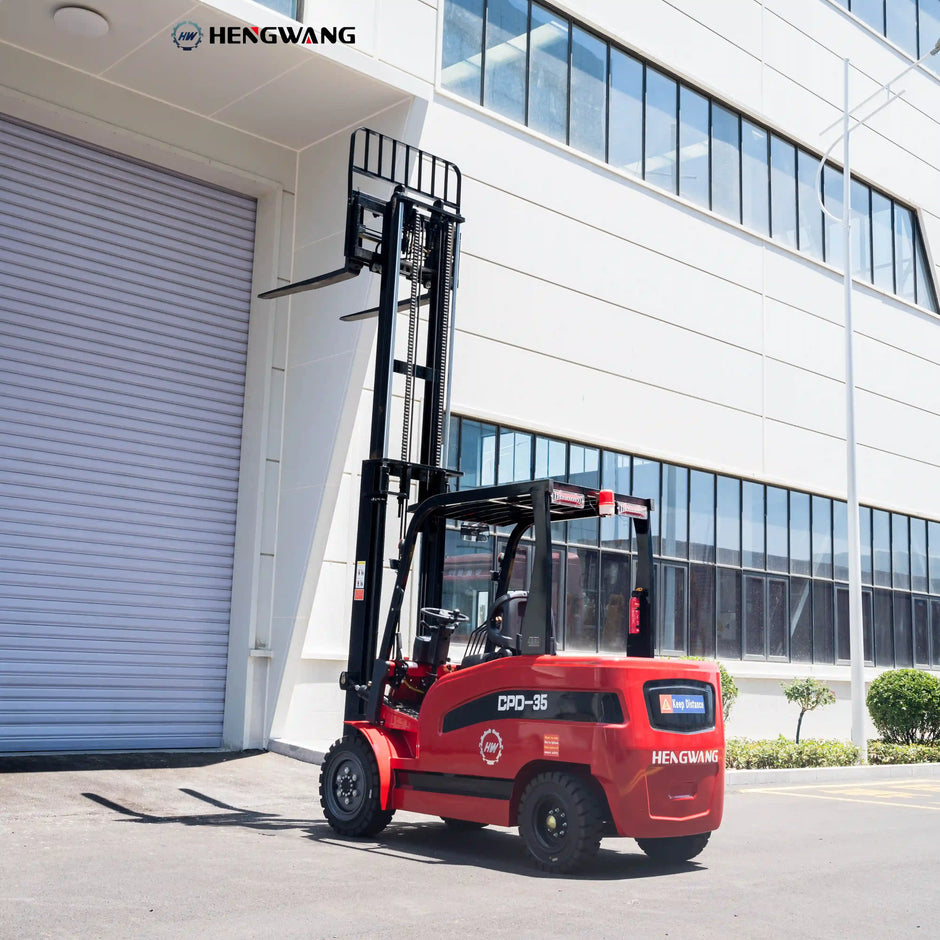 Rear three-quarter view of a 7700 lb electric forklift showing steel counterweight, rear warning beacon, and overhead guard
