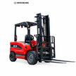 Red CPD-35 7700 lb electric forklift in left side view with duplex mast, overhead guard, and pneumatic tires on white background