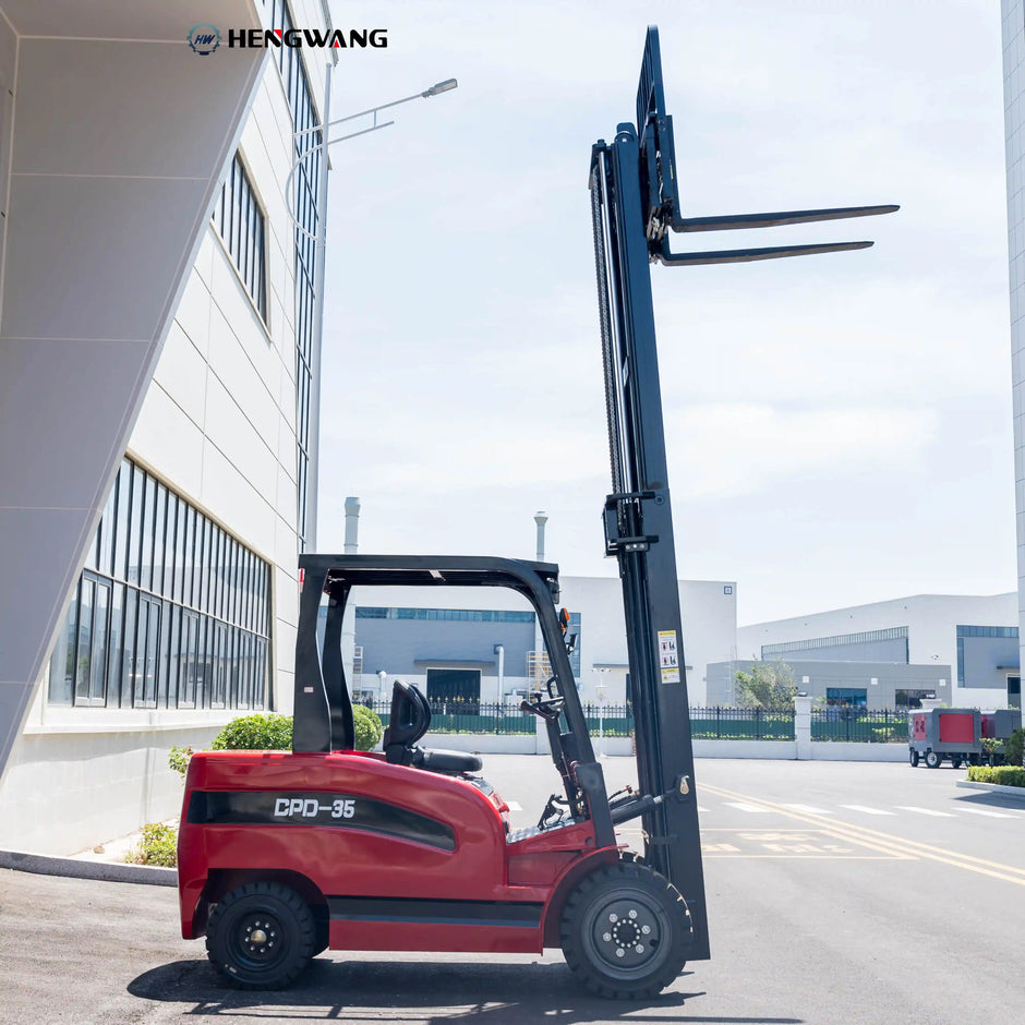 Right side profile of a 7700 lb electric forklift with elevated mast and horizontal forks in an industrial yard