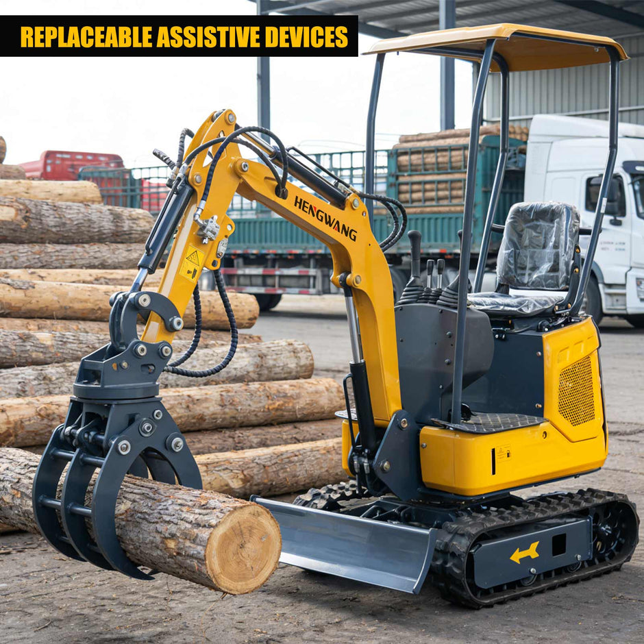 Yellow HENGWANG mini crawler excavator equipped with log grapple attachment, replaceable auxiliary grabber for lumber handling, working at timber yard