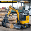  Yellow HENGWANG mini crawler excavator equipped with log grapple attachment, replaceable auxiliary grabber for lumber handling, working at timber yard