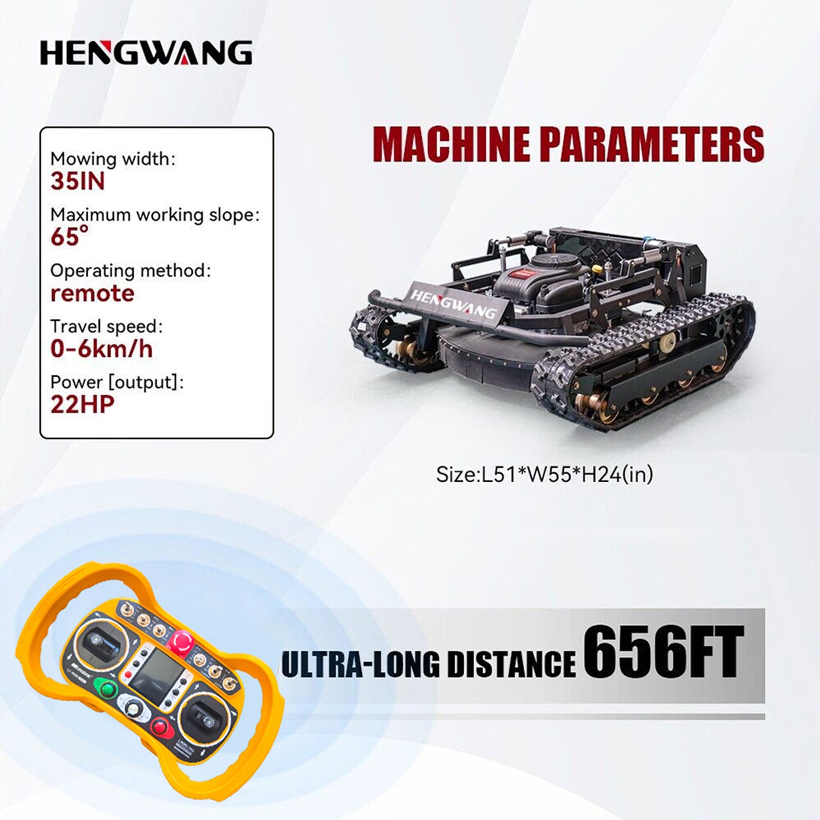 HENGWANG 22HP remote tracked slope lawn mower full machine parameters chart, 35IN mowing width, 65° climbing angle, 656FT long range wireless remote control