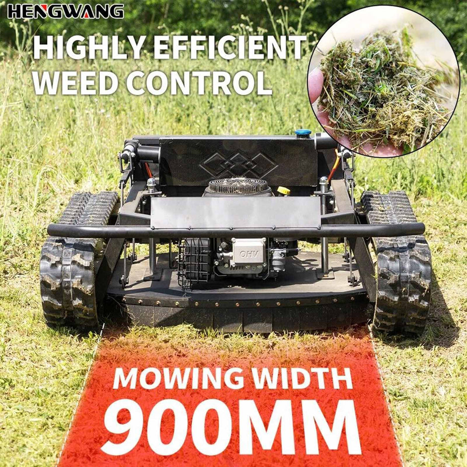 HENGWANG tracked remote control lawn mower with 900mm mowing width, highly efficient hillside weed control crawler grass cutting machine for orchard slope trimming