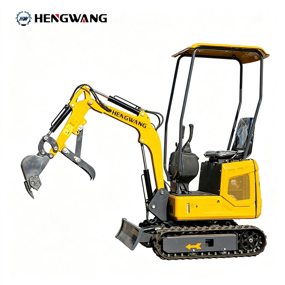 Yellow HENGWANG mini crawler excavator with safety roof, hydraulic thumb claw bucket, compact small digger for residential landscaping, farm digging and construction projects, white background product shot