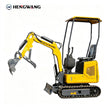 Yellow HENGWANG mini crawler excavator with safety roof, hydraulic thumb claw bucket, compact small digger for residential landscaping, farm digging and construction projects, white background product shot