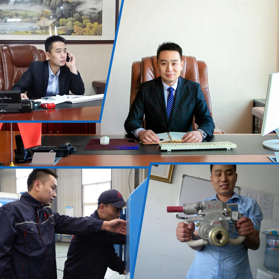 Collage photo of Hengwang company team: sales management staff in office, engineers inspecting machinery products and workshop technical communication