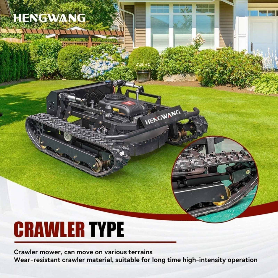 HENGWANG crawler type remote lawn mower with wear-resistant rubber tracks, all-terrain tracked grass cutter for residential backyard and steep slope lawn maintenance