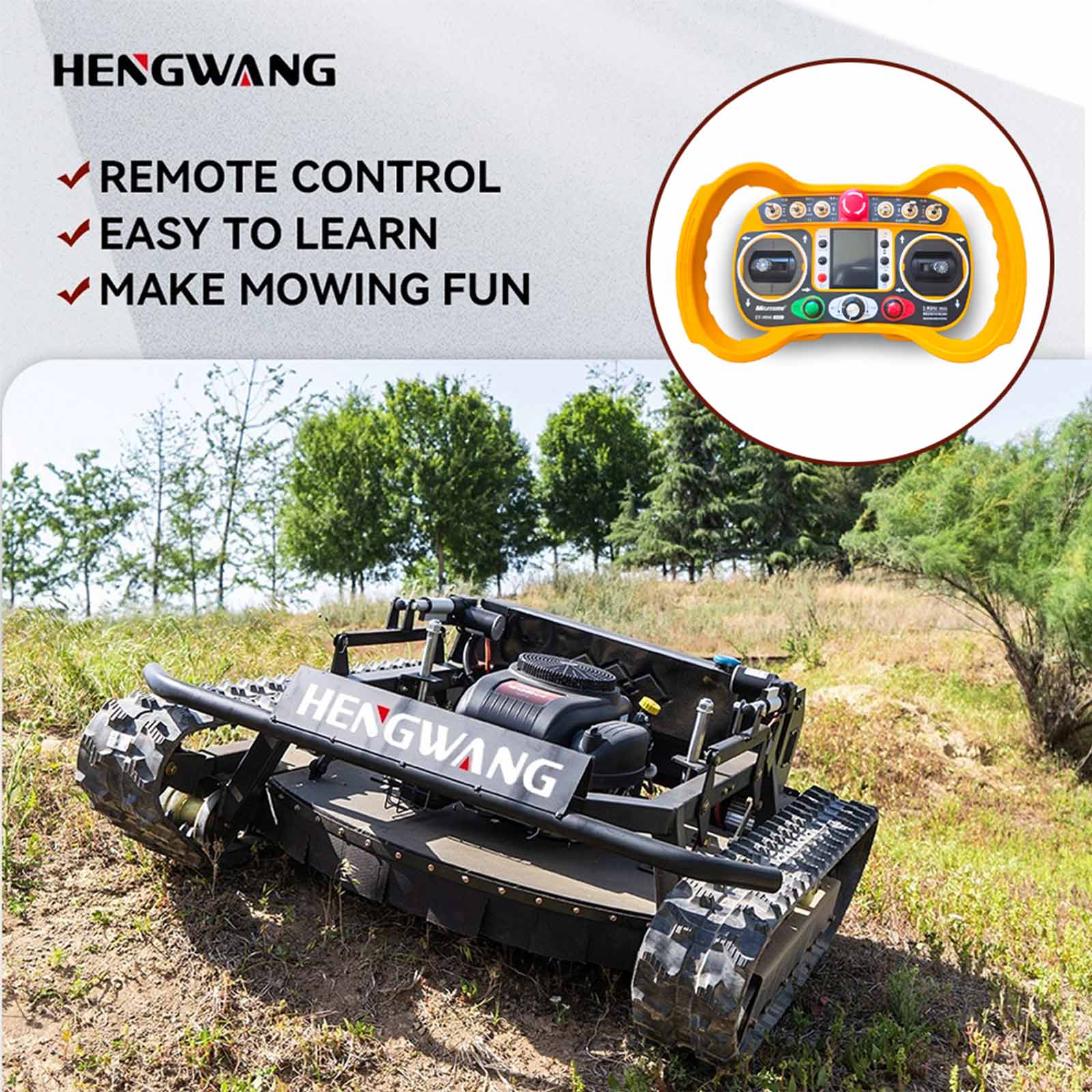 HENGWANG remote control tracked hillside lawn mower, user-friendly wireless remote controller, simple to operate and easy to learn crawler grass cutter for slope lawn trimming