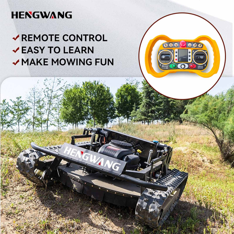 HENGWANG remote control tracked hillside lawn mower, user-friendly wireless remote controller, simple to operate and easy to learn crawler grass cutter for slope lawn trimming