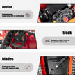 HENGWANG crawler lawn mower core component diagram, close-up views of Loncin gasoline engine with EPA & CE certification, heavy-duty rubber terrain tracks and 360° rotary cutting steel blades