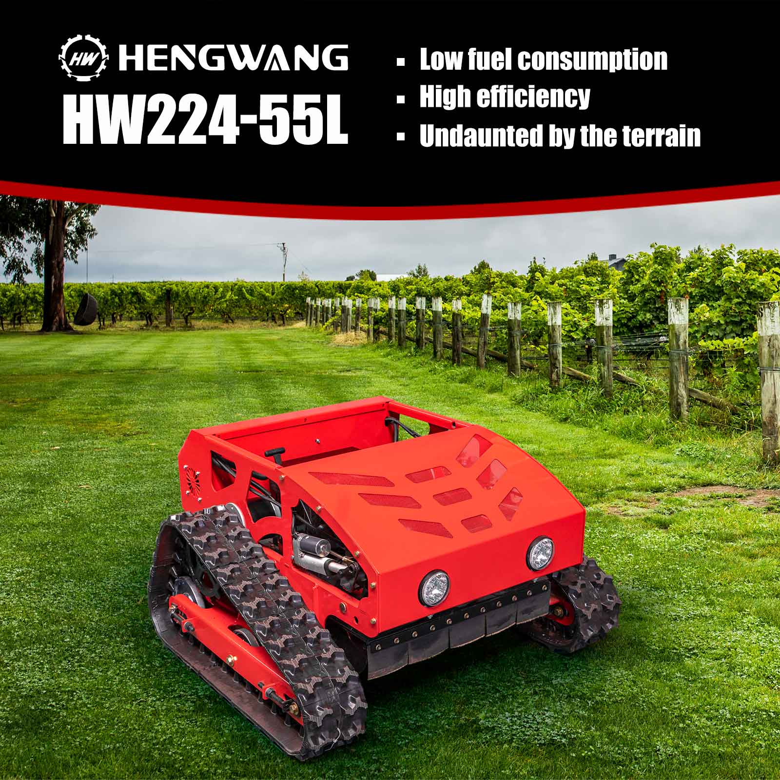 HENGWANG HW224-55L red remote control crawler lawn mower in vineyard lawn, low fuel consumption, high efficiency, all-terrain tracked grass cutter for farm orchard slope mowing
