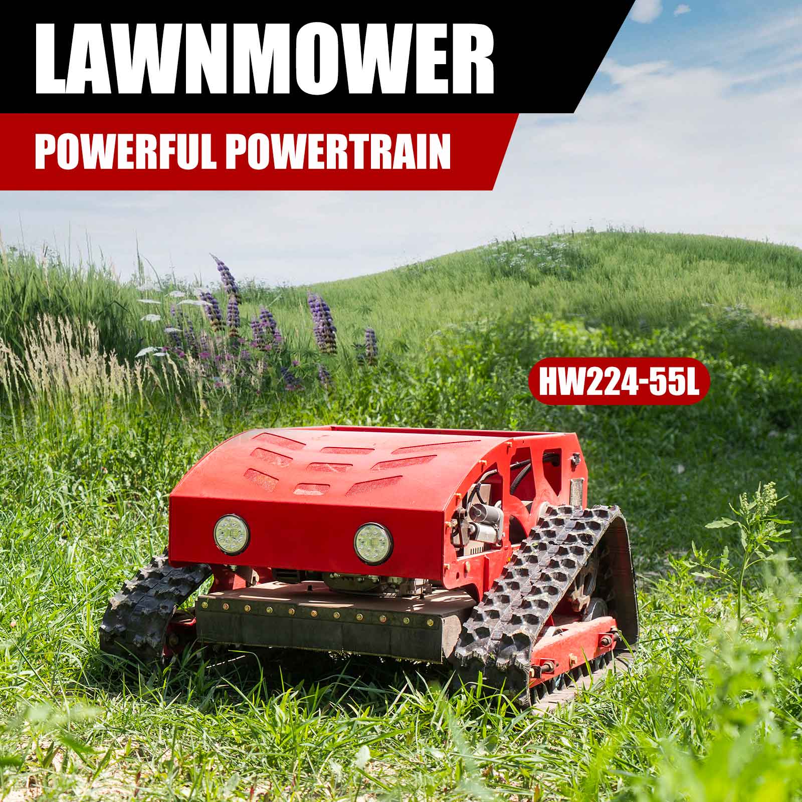 Red HENGWANG HW224-55L remote control crawler lawn mower working on green grass hillside, powerful powertrain tracked grass cutter with dual front headlights for steep slope orchard lawn trimming