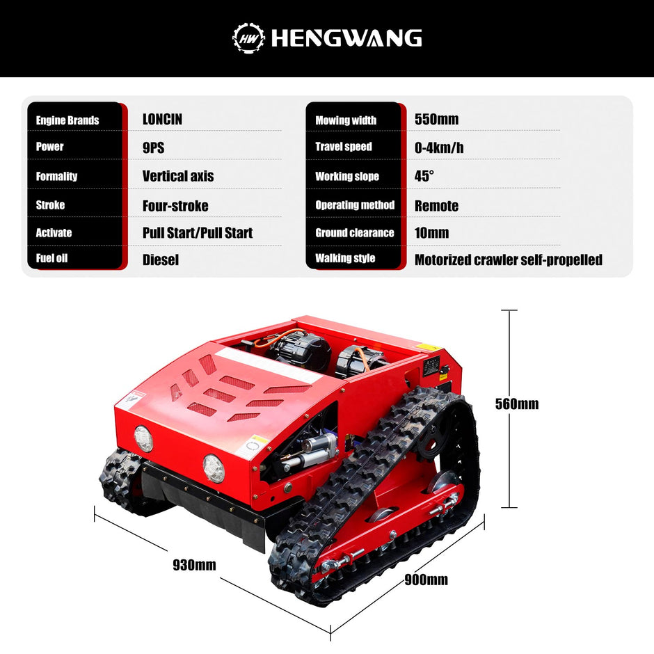 HENGWANG HW224-55L red remote control diesel crawler lawn mower with full technical specification chart, 9HP Loncin 4-stroke vertical diesel engine, 550mm cutting width, 45 degree climbing slope, dimension size diagram