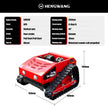 HENGWANG HW224-55L red remote control diesel crawler lawn mower with full technical specification chart, 9HP Loncin 4-stroke vertical diesel engine, 550mm cutting width, 45 degree climbing slope, dimension size diagram