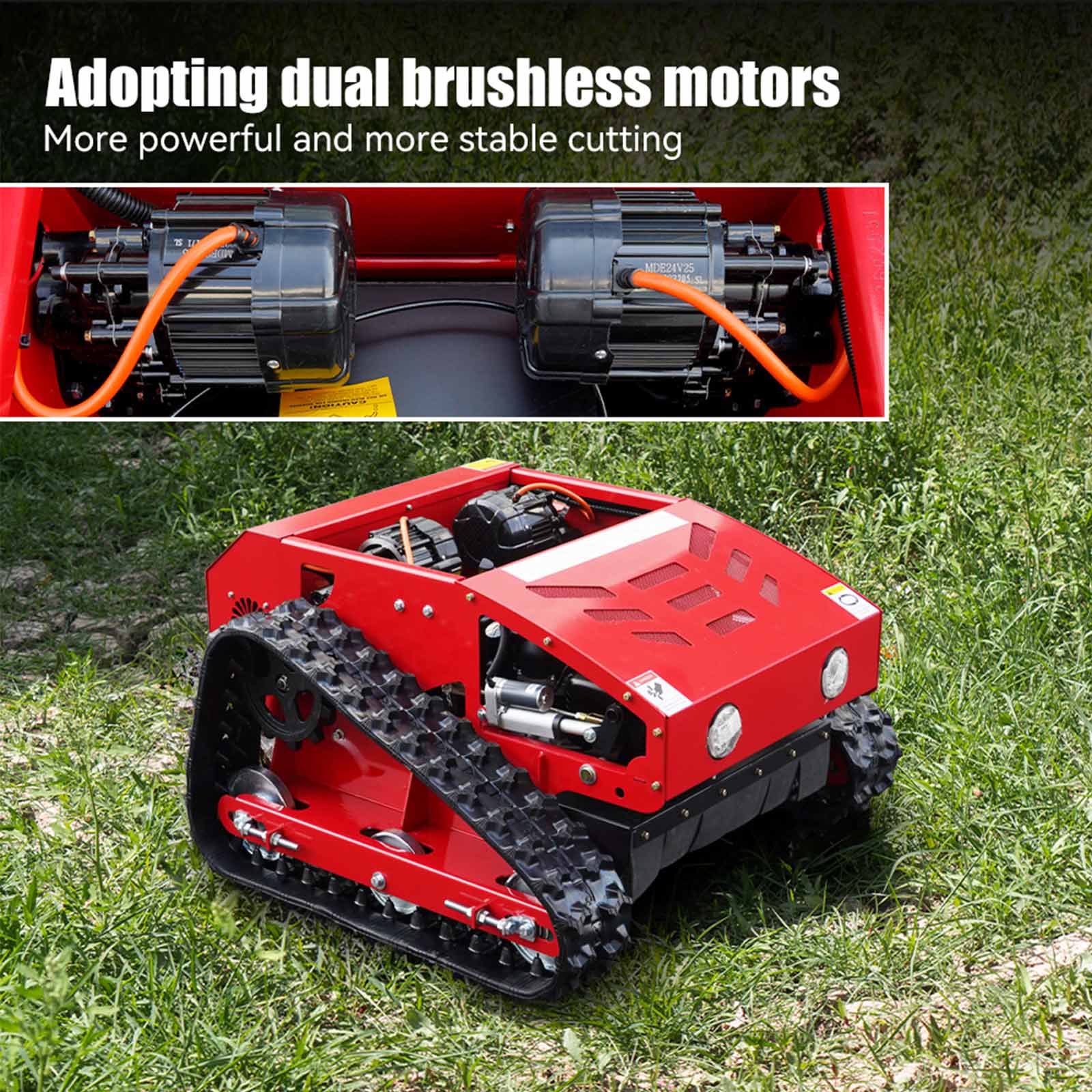 Red HENGWANG remote crawler lawn mower on green grass, close-up of internal dual brushless motors, powerful stable cutting system for hillside and orchard mowing