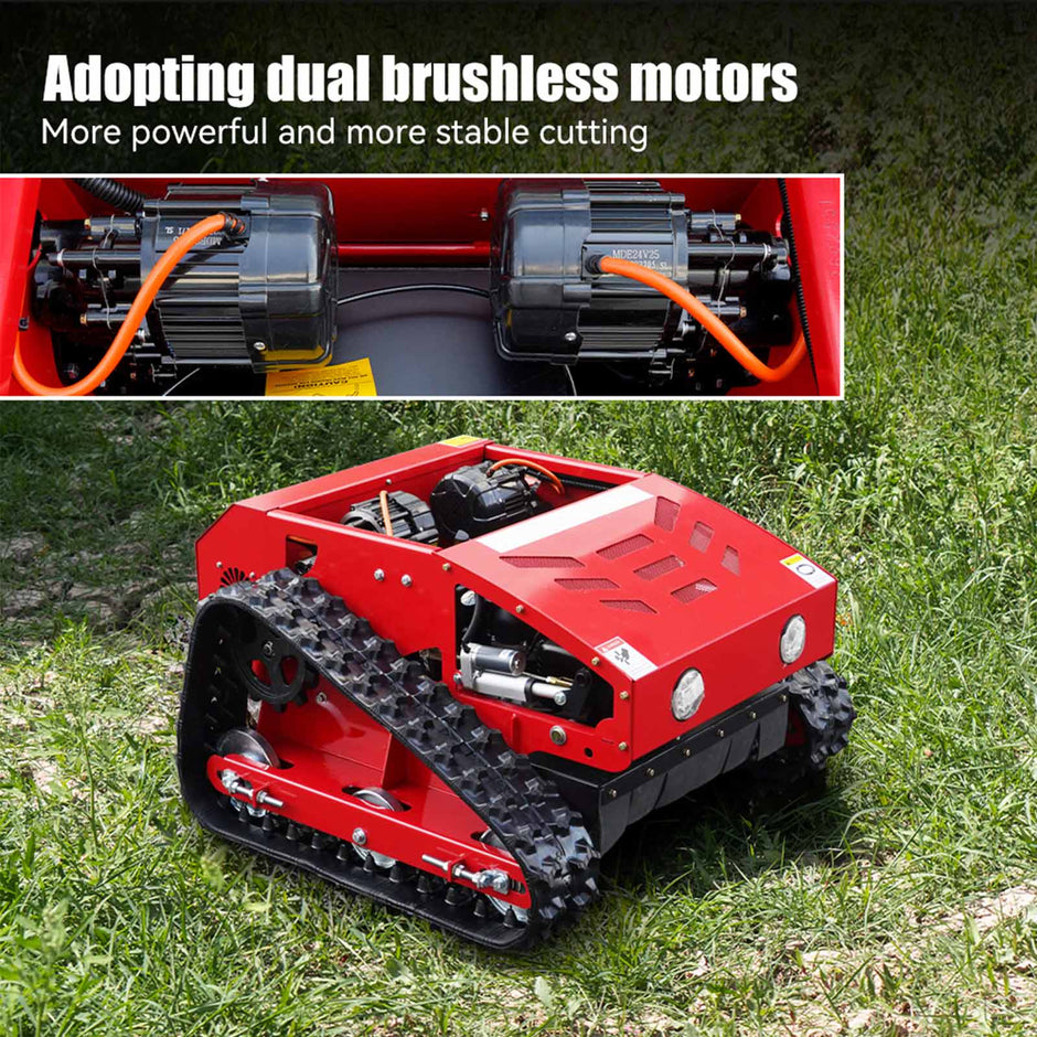 Red HENGWANG remote crawler lawn mower on green grass, close-up of internal dual brushless motors, powerful stable cutting system for hillside and orchard mowing