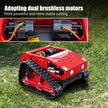 Red HENGWANG remote crawler lawn mower on green grass, close-up of internal dual brushless motors, powerful stable cutting system for hillside and orchard mowing