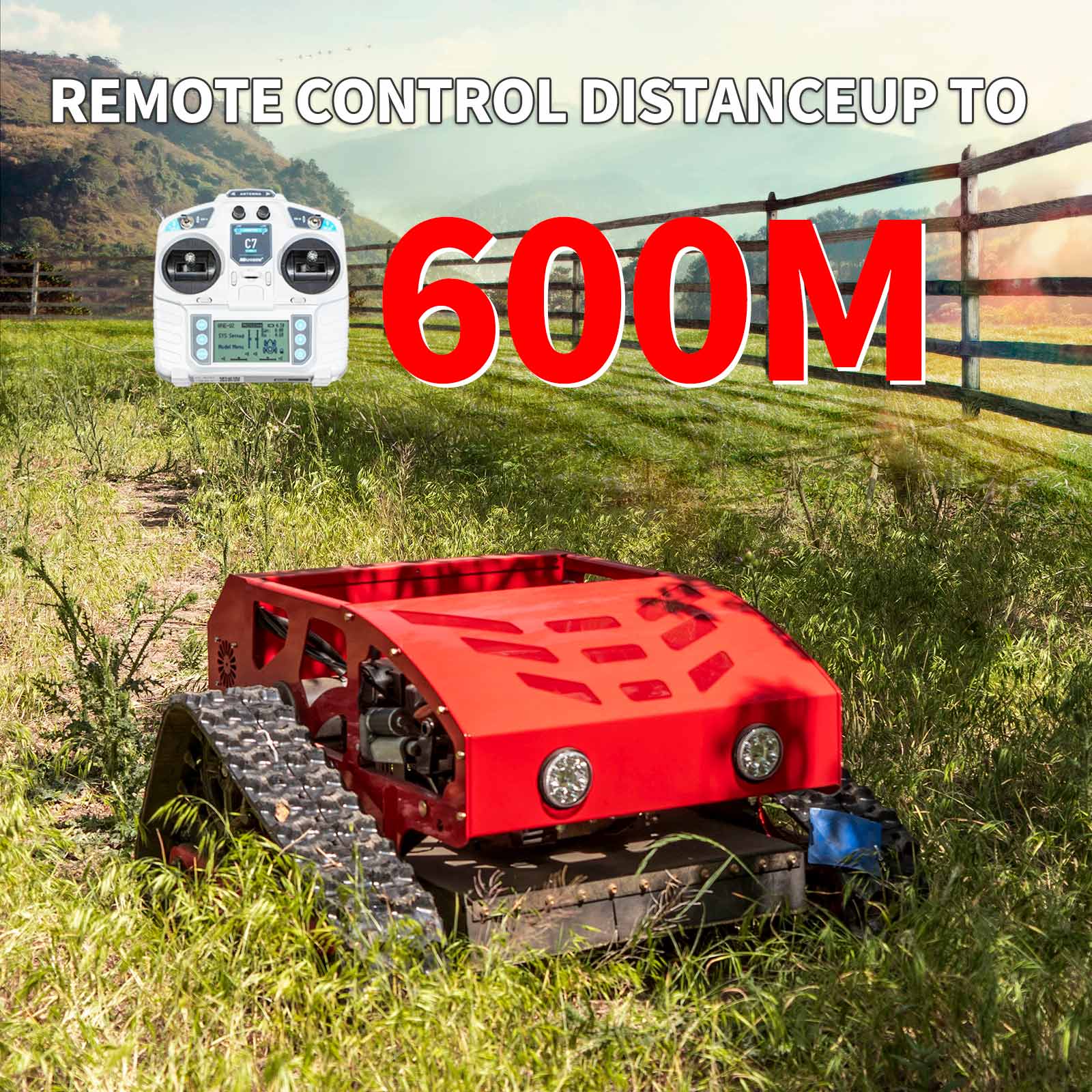 Red HENGWANG HW224-55L tracked remote lawn mower on rural hillside grass, wireless remote controller graphic, remote control range up to 600 meters for safe slope mowing