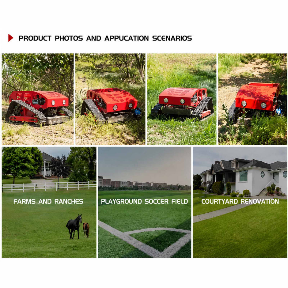 Collage of HENGWANG remote control crawler lawn mower and its application scenes, suitable for farms, ranches, soccer fields, playgrounds and residential courtyard lawn trimming