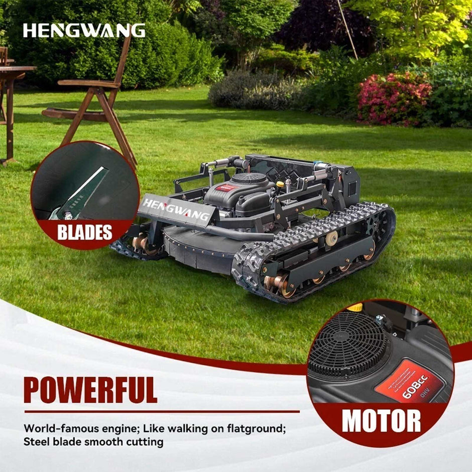 HENGWANG tracked remote lawn mower for garden yard, equipped with powerful 608cc engine and sharp steel cutting blades, stable crawler hillside grass cutter