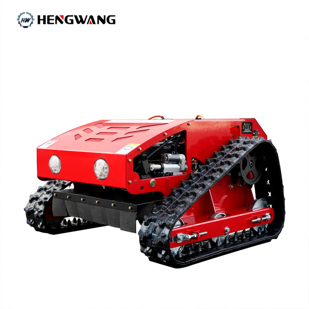 HENGWANG red remote control crawler lawn mower with dual headlights, heavy duty rubber tracks, commercial slope grass cutting machine for hills, orchards and uneven terrain, white background product shot