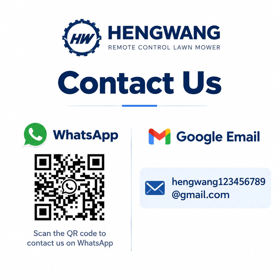 HENGWANG remote control lawn mower contact card with WhatsApp QR code and Google email to request a replacement remote mower controller board