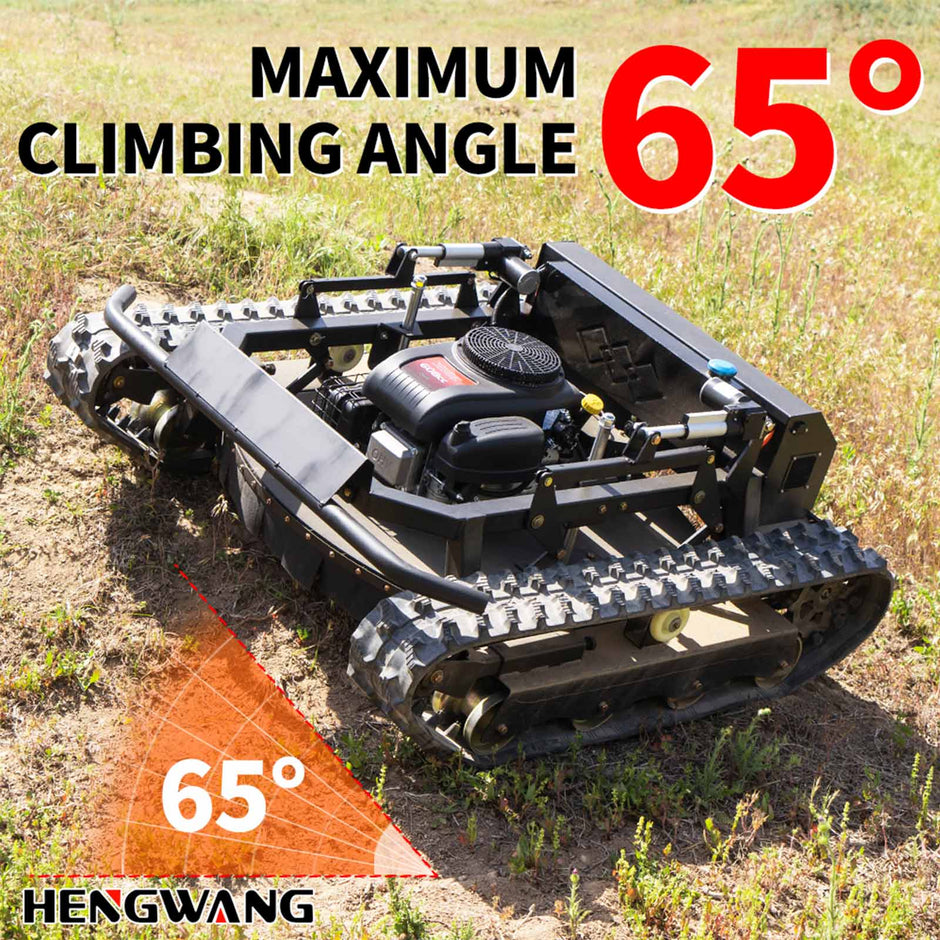 HENGWANG remote control tracked lawn mower with maximum 65 degree climbing angle, crawler grass cutter for super steep hillside slope mowing