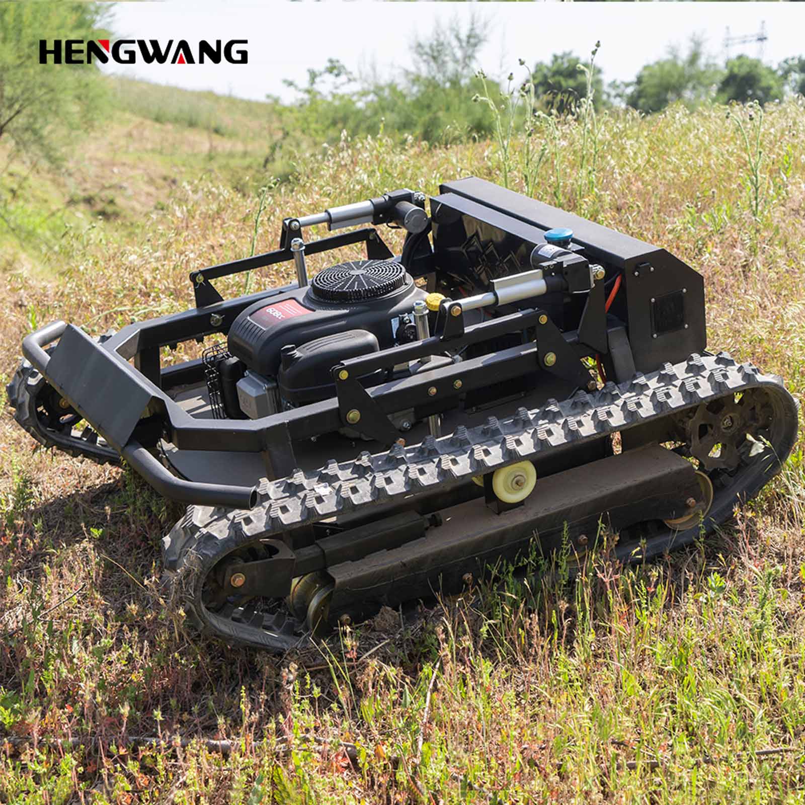 HENGWANG remote control tracked lawn mower outdoor hillside real shot, heavy duty crawler grass cutting machine for wild slope, orchard and overgrown weed trimming