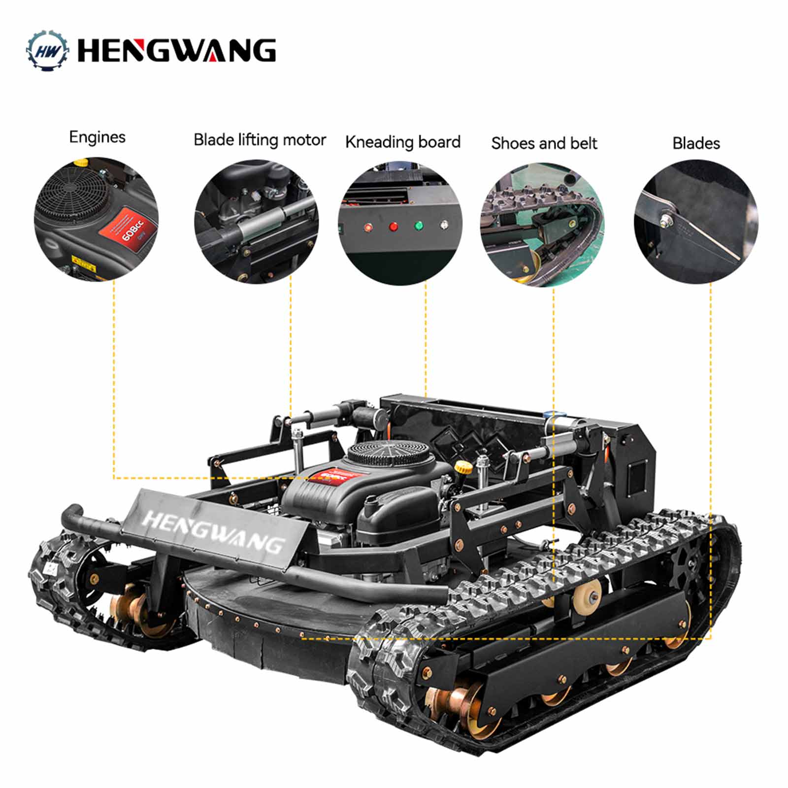 HENGWANG tracked remote control slope lawn mower main components diagram, labeled engine, blade lifting motor, control panel, track belt and cutting blades