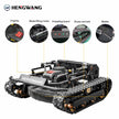 HENGWANG tracked remote control slope lawn mower main components diagram, labeled engine, blade lifting motor, control panel, track belt and cutting blades
