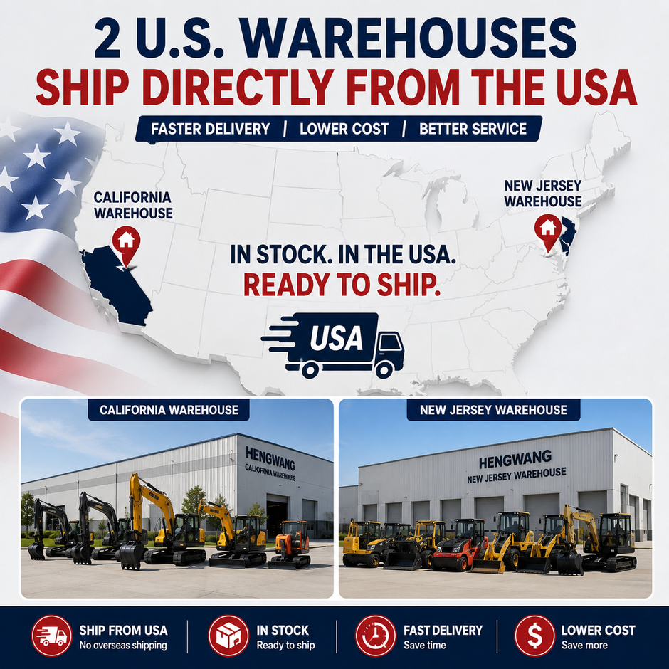 Hengwang U.S. warehouses in California and New Jersey offering in-stock mini excavators with fast local shipping