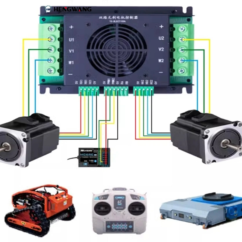 HENGWANG YS-8L02T100A dual brushless motor controller wiring diagram with remote receiver and motors for remote lawn mower
