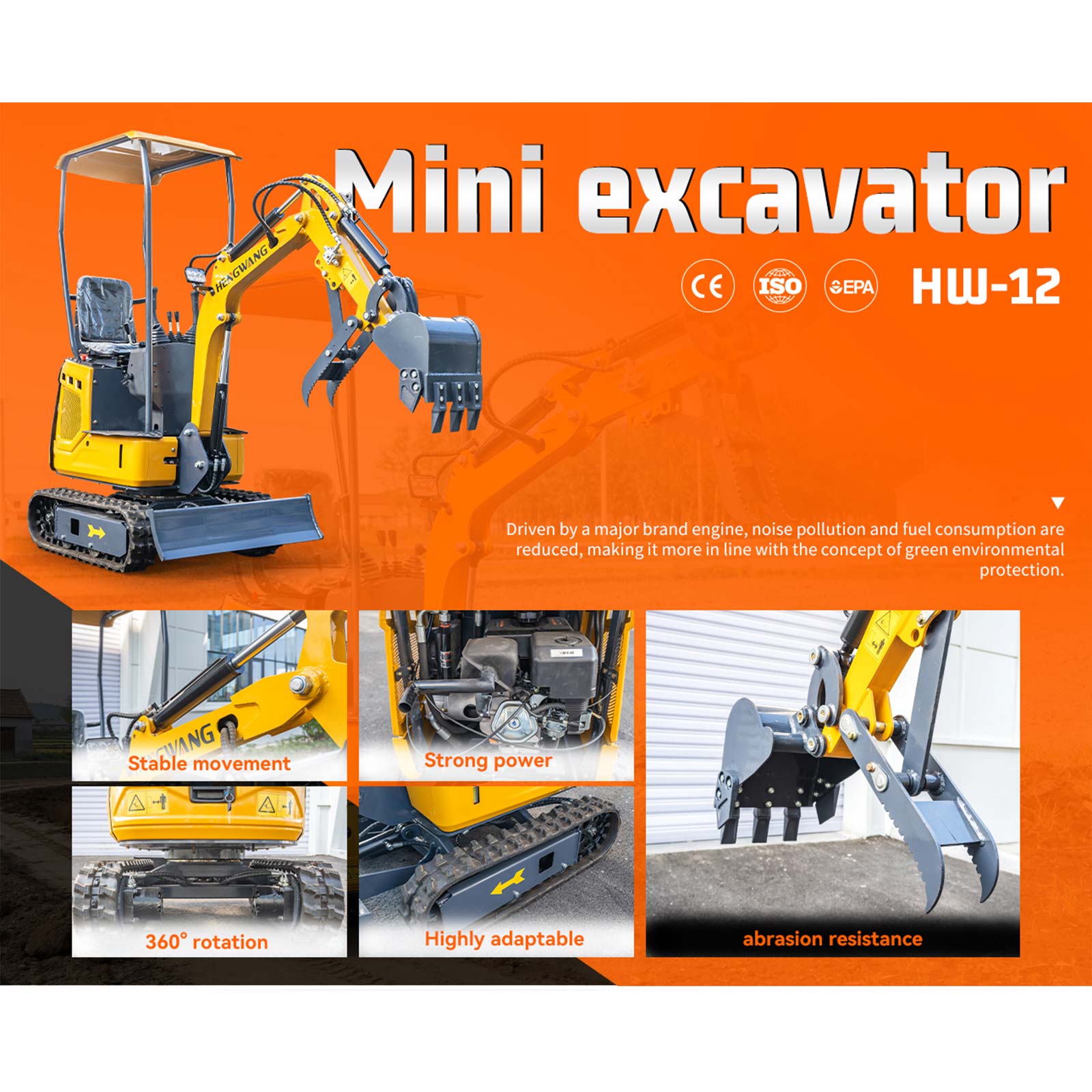 HENGWANG HW-12 mini crawler excavator promotional infographic, CE ISO EPA certified compact digger with stable movement, 360-degree rotation, strong power and wear-resistant thumb bucket for landscaping construction